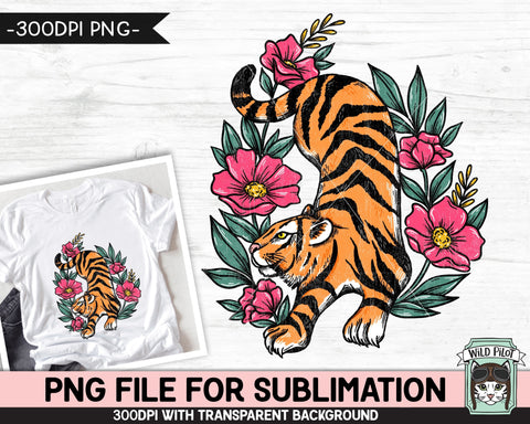 Tiger SUBLIMATION design PNG, Floral Tiger png file, Tiger Tattoo sublimation designs, Flower Tiger illustration, download, Tiger Shirt png Sublimation Wild Pilot 