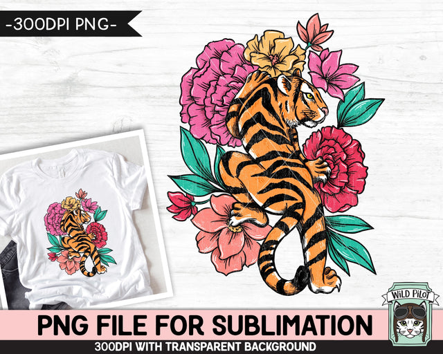 Tiger SUBLIMATION design PNG, Floral Tiger png file, Tiger Tattoo sublimation designs, Flower Tiger illustration, download, Tiger Shirt png Sublimation Wild Pilot 