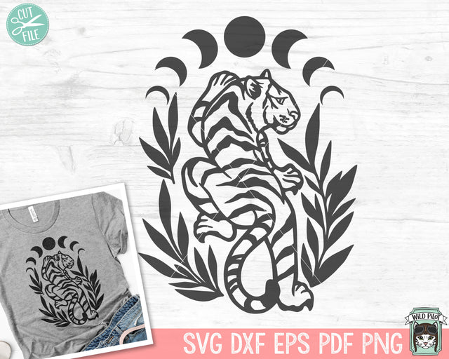 Tiger svg file, Tiger cut file, Tiger png, Tiger Moon svg, Moon Phases svg, Mystical svg, Tiger Tattoo svg, Year of the Tiger svg, Lunar New Year svg SVG Wild Pilot 