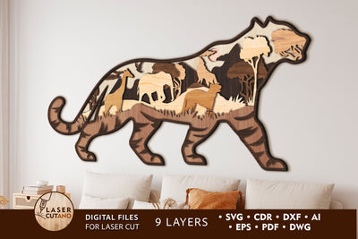TIGER Wall Art Multilayer Laser Cut Home Decoration, 3D Designs SVG LaserCutano 
