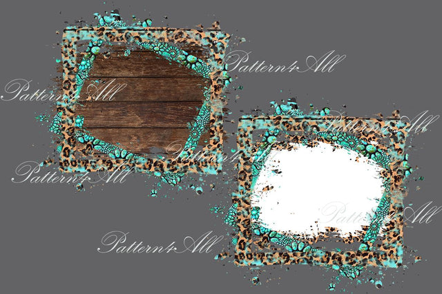 Tooled Leather and Turquoise Leopard Frame, Wood Background Frame, Turquoise tooled leather Frames PNG,Turquoise Rustic Cowhide Frame Png Sublimation ArtStudio 