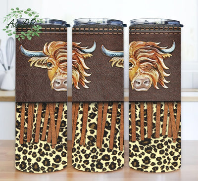 Tooled Leather Cow 20oz Skinny Tumbler Png, Western Cow Tumbler Wrap, Highland Cow Tumbler Png, Rustic Western Tumbler, Leopard Tumbler Sublimation AdriOP 