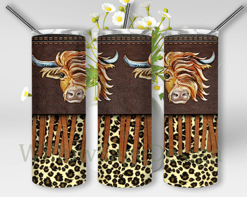 Tooled Leather Cow Tumbler Wrap, Highland Cow 20oz Skinny Tumbler, Western Leopard Tumbler Png, Cow Sublimation Design for Straight, Instant Download Sublimation WillowSageDesign 