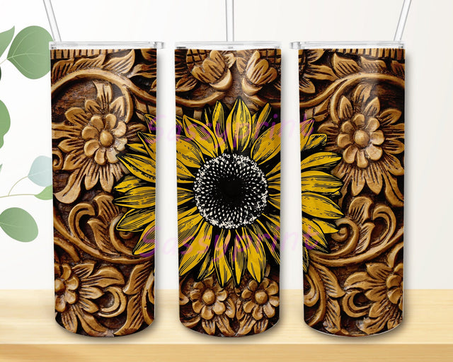 Tooled Leather Tumbler Wrap, Sunflower 20oz Tumbler Png, Rustic Western Tumbler Design, Tooled Leather Tumbler Template, Digital Download Sublimation sassyprint 
