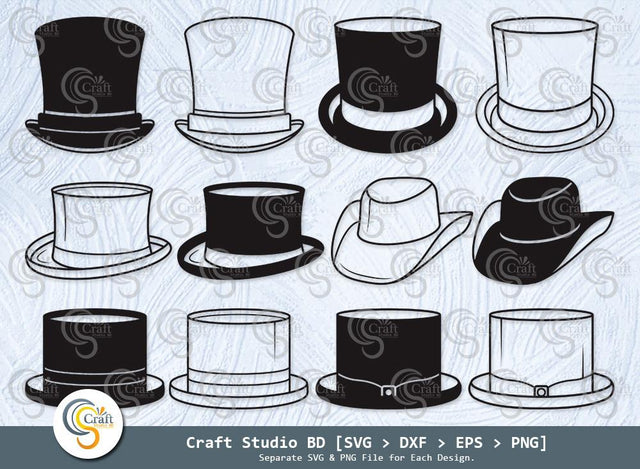 Top Hat Silhouette, Top Hat SVG, Fedora Hat Svg, Retro Hat Svg, Gentleman Hat Svg, Cowboy Hat Svg, Top Hat Bundle SVG ETC Craft 
