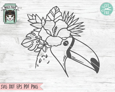 Toucan SVG Cut File, Toucan Tropical Flowers svg, Hibiscus SVG, Tropical Leaves SVG, Summer svg, Tropical Floral svg, Vacation svg SVG Wild Pilot 