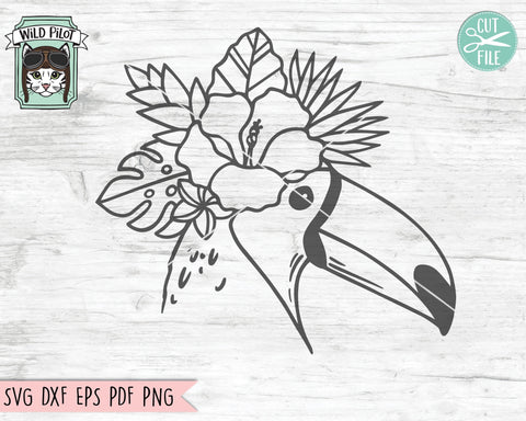 Toucan SVG Cut File, Toucan Tropical Flowers svg, Hibiscus SVG, Tropical Leaves SVG, Summer svg, Tropical Floral svg, Vacation svg SVG Wild Pilot 