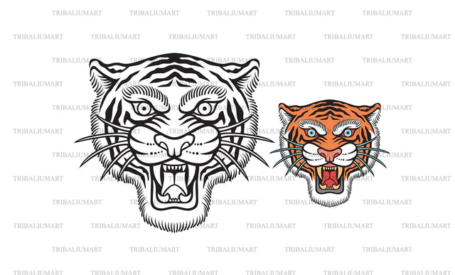 Traditional tiger head. Old school tattoo design. Asian wild cat. SVG TribaliumArtSF 