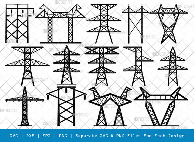 Transmission Tower SVG, Tower Silhouette, Power Lines Svg, Electricity Tower Svg, Electrical Lines Svg, Wireless Tower Svg, Voltage Power Line Svg, Tower Bundle SVG ETC Craft 