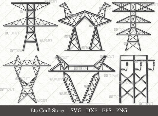 Transmission Tower SVG, Tower Silhouette, Power Lines Svg, Electricity Tower Svg, Electrical Lines Svg, Wireless Tower Svg, Voltage Power Line Svg, Tower Bundle SVG ETC Craft 