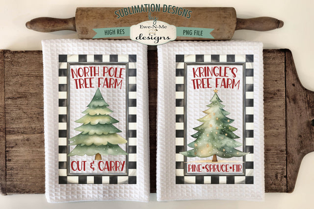 Tree Farm Kitchen Towel Sublimation Designs - Kringles Tree Farm - North Pole Tree Farm Sublimation Ewe-N-Me Designs 