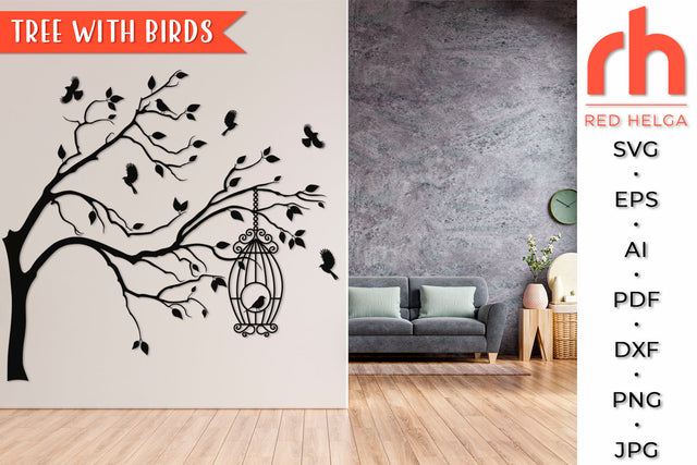 Tree with Birds SVG - Hanging Birdcage Cut File SVG RedHelgaArt 