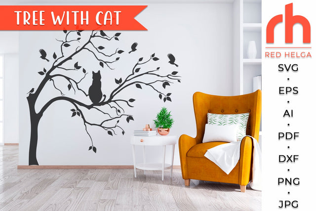 Tree with Cat SVG - Spring Branch Cut File SVG RedHelgaArt 
