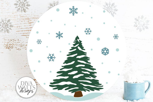 Tree With Falling Snow SVG | Christmas / Winter Round Design SVG Diva Watts Designs 
