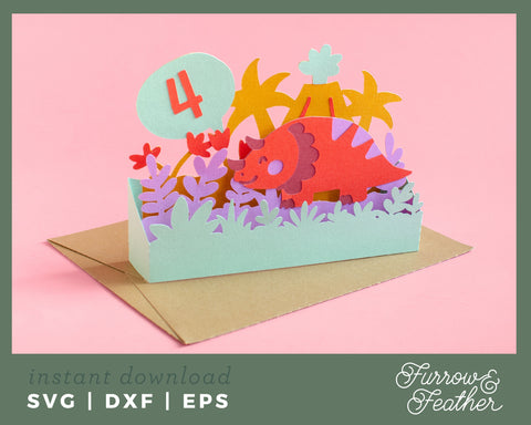 Triceratops Dinosaur Box Card 3D Paper Furrow and Feather SVG 