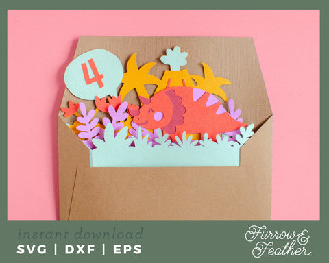 Triceratops Dinosaur Box Card 3D Paper Furrow and Feather SVG 