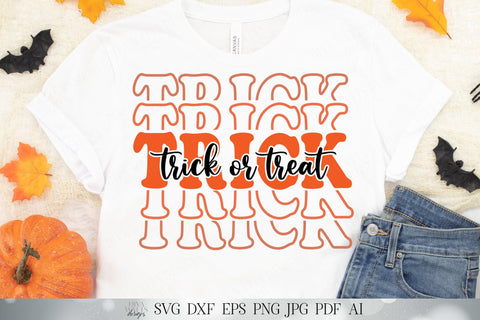 Trick Or Treat Features a stacked design and cut out letters for "Trick Or Treat" SVG DXF PNG EPS JPG PDF AI Included SVG Diva Watts Designs 