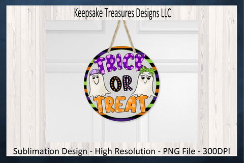 Trick Or Treat Halloween Wreath Attachment, Ghost Door Hanger PNG Design, Hand Drawn Ghost Round Wreath Sign PNG, Digital Download Sublimation Keepsake Treasures Designs LLC. 