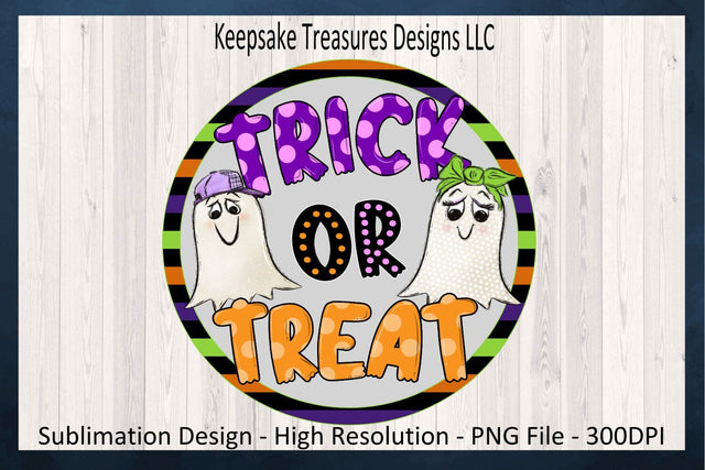 Trick Or Treat Halloween Wreath Attachment, Ghost Door Hanger PNG Design, Hand Drawn Ghost Round Wreath Sign PNG, Digital Download Sublimation Keepsake Treasures Designs LLC. 