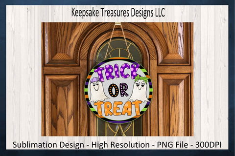 Trick Or Treat Halloween Wreath Attachment, Ghost Door Hanger PNG Design, Hand Drawn Ghost Round Wreath Sign PNG, Digital Download Sublimation Keepsake Treasures Designs LLC. 