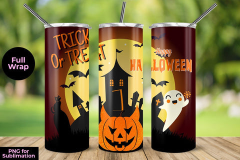 Trick or Treat Happy Halloween Orange Background 20 oz Skinny Tumbler Wrap Template Sublimation Sublimatiz Designs 