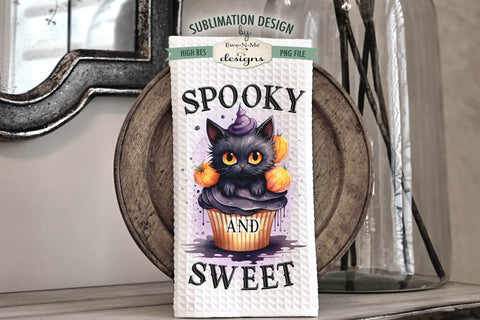 Trick or Treat | Spooky Sweet | Black Cat Cupcake Halloween Kitchen Towel Sublimation Sublimation Ewe-N-Me Designs 