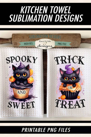 Trick or Treat | Spooky Sweet | Black Cat Cupcake Halloween Kitchen Towel Sublimation Sublimation Ewe-N-Me Designs 