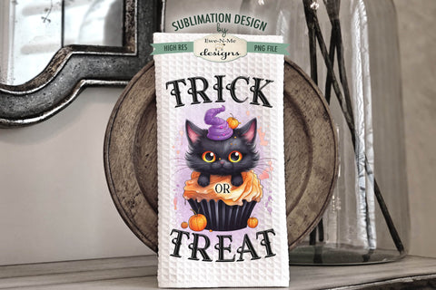 Trick or Treat | Spooky Sweet | Black Cat Cupcake Halloween Kitchen Towel Sublimation Sublimation Ewe-N-Me Designs 