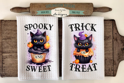 Trick or Treat | Spooky Sweet | Black Cat Cupcake Halloween Kitchen Towel Sublimation Sublimation Ewe-N-Me Designs 