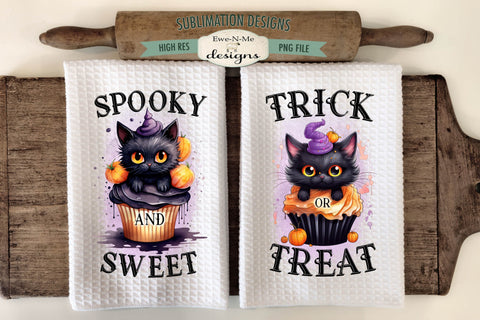 Trick or Treat | Spooky Sweet | Black Cat Cupcake Halloween Kitchen Towel Sublimation Sublimation Ewe-N-Me Designs 