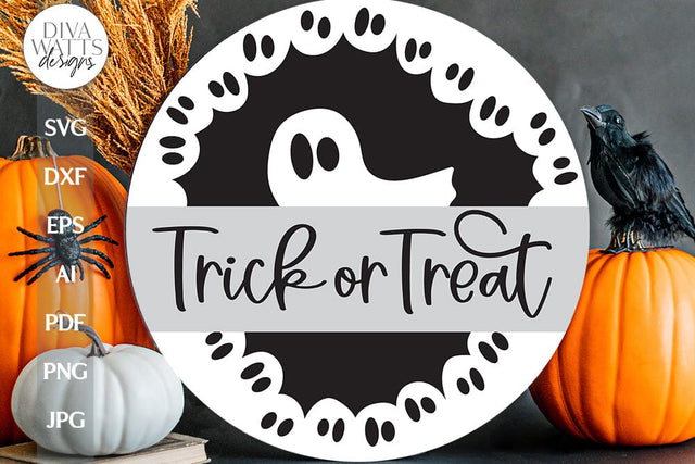 Trick Or Treat SVG For Halloween Ghost Door Hanger For Halloween Ghosts Trick Or Treat Front Door Sign For Halloween SVG With Ghosts SVG SVG Diva Watts Designs 