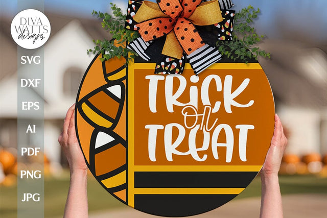 Trick or Treat SVG Halloween Door Hanger For Fall Trick Or Treat Sign SVG Halloween Candy Corn SVG Trick Or Treat Farmhouse svg Boho Sign SVG Diva Watts Designs 
