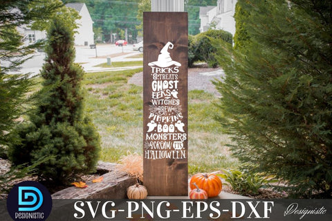 Tricks & treats ghost eeks witches brew pimpkins boo monsters scream it's halloween, Halloween Porch Sign Svg Bundle, Welcome Sign Svg SVG DESIGNISTIC 