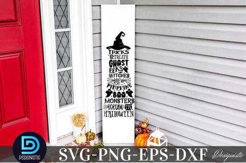Tricks & treats ghost eeks witches brew pimpkins boo monsters scream it's halloween, Halloween Porch Sign Svg Bundle, Welcome Sign Svg SVG DESIGNISTIC 