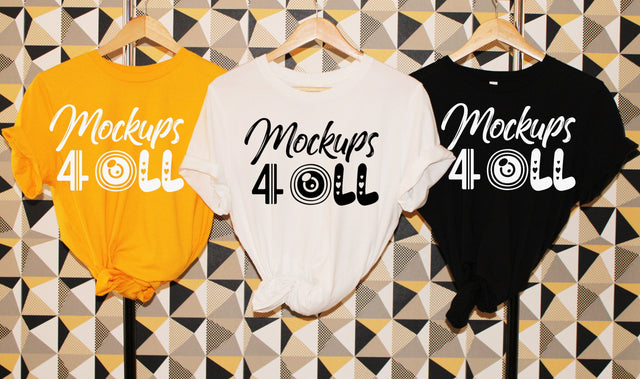 Trio Tshirts Mockups, Multiples Blank Front T-shirts, Bella Canvas, Gildan, Hanging T-shirts, Abstract Background Mockup,Jpg Photo Mockup Mock Up Photo ArtStudio 
