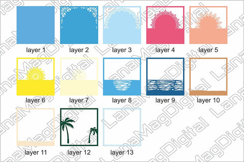 Tropical beach sunrise layered mandala svg, Ocean waves svg 3D Paper LanaMagDigital 