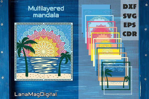 Tropical beach sunrise layered mandala svg, Ocean waves svg 3D Paper LanaMagDigital 