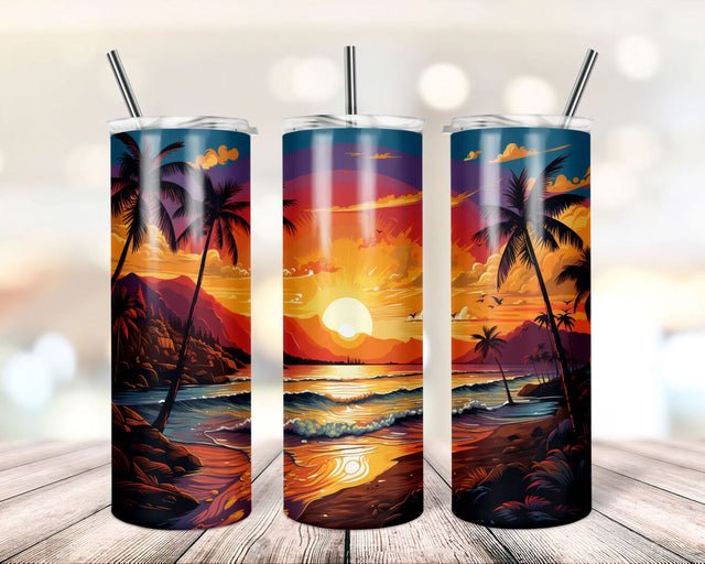 Tropical Beach Sunset 20 oz Skinny Tumbler Sublimation Design, Digital Download PNG, Summer Tumbler Sublimation TrendingDesign 