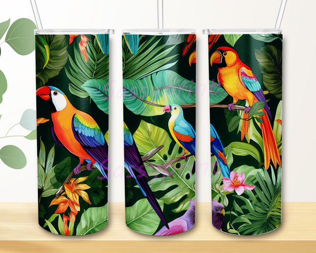 Tropical Birds 20oz Skinny Tumbler Png, Watercolor Cute Parrot With Flowers Tumbler, Watercolor Parrot, Tropical Beautiful Bird Tumbler Design Sublimation sassyprint 
