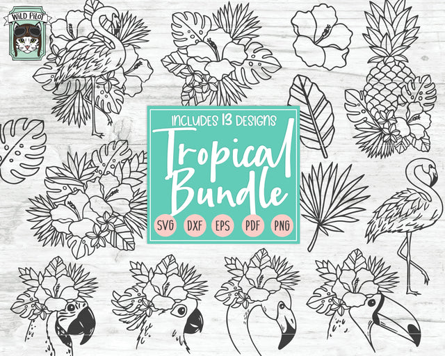 Tropical Bundle SVG Cut File, Tropical Flowers SVG, Hibiscus SVG, Tropical Leaves SVG, Flamingo SVG, Parrot SVG, Toucan SVG, Cockatoo SVG, Floral Pineapple SVG, Summer SVG SVG Wild Pilot 