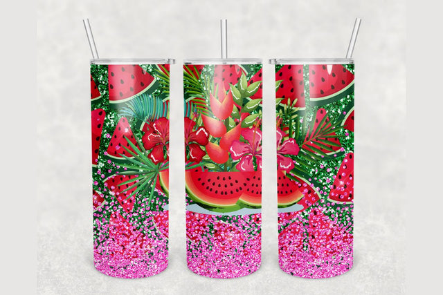 Tropical Floral Watermelon Glitter Tumbler sublimation design 20 oz skinny tumbler wrap Sublimation BambinaCreations 