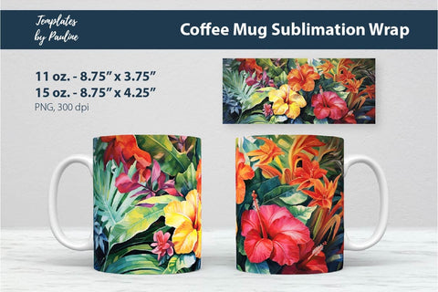 Tropical Flower Coffee Mug Wrap for Sublimation 1 Sublimation Templates by Pauline 