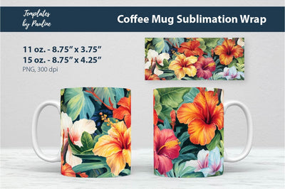 Tropical Flower Coffee Mug Wrap for Sublimation 2 Sublimation Templates by Pauline 