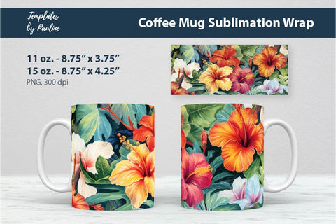 Tropical Flower Coffee Mug Wrap for Sublimation 2 Sublimation Templates by Pauline 