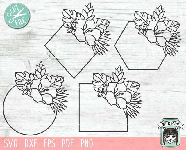 Tropical Flower Frame SVG file, Hibiscus Monogram Frame SVG, Flower Border SVG, Floral Frame SVG, Round SVG, Hexagon SVG, Square SVG, Shape SVG, Circle SVG, Diamond SVG SVG Wild Pilot 