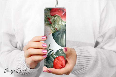 Tropical Flowers Beach Tumbler Wrap Sublimation Design Sublimation OrangeBrushStudio 