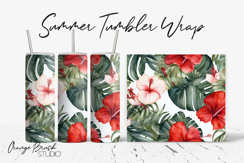 Tropical Flowers Beach Tumbler Wrap Sublimation Design Sublimation OrangeBrushStudio 