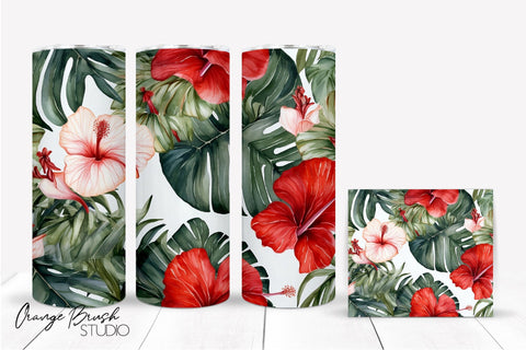 Tropical Flowers Beach Tumbler Wrap Sublimation Design Sublimation OrangeBrushStudio 