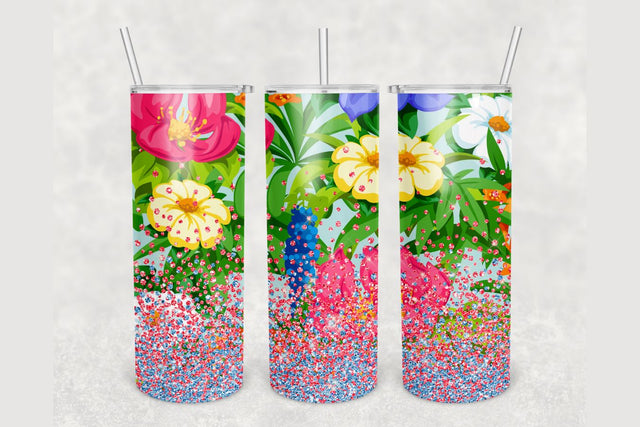 Tropical Flowers Glitter Tumbler sublimation design 20 oz skinny tumbler wrap Sublimation BambinaCreations 