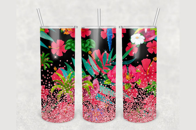 Tropical Flowers Pink Glitter Tumbler sublimation design 20 oz skinny tumbler wrap Sublimation BambinaCreations 